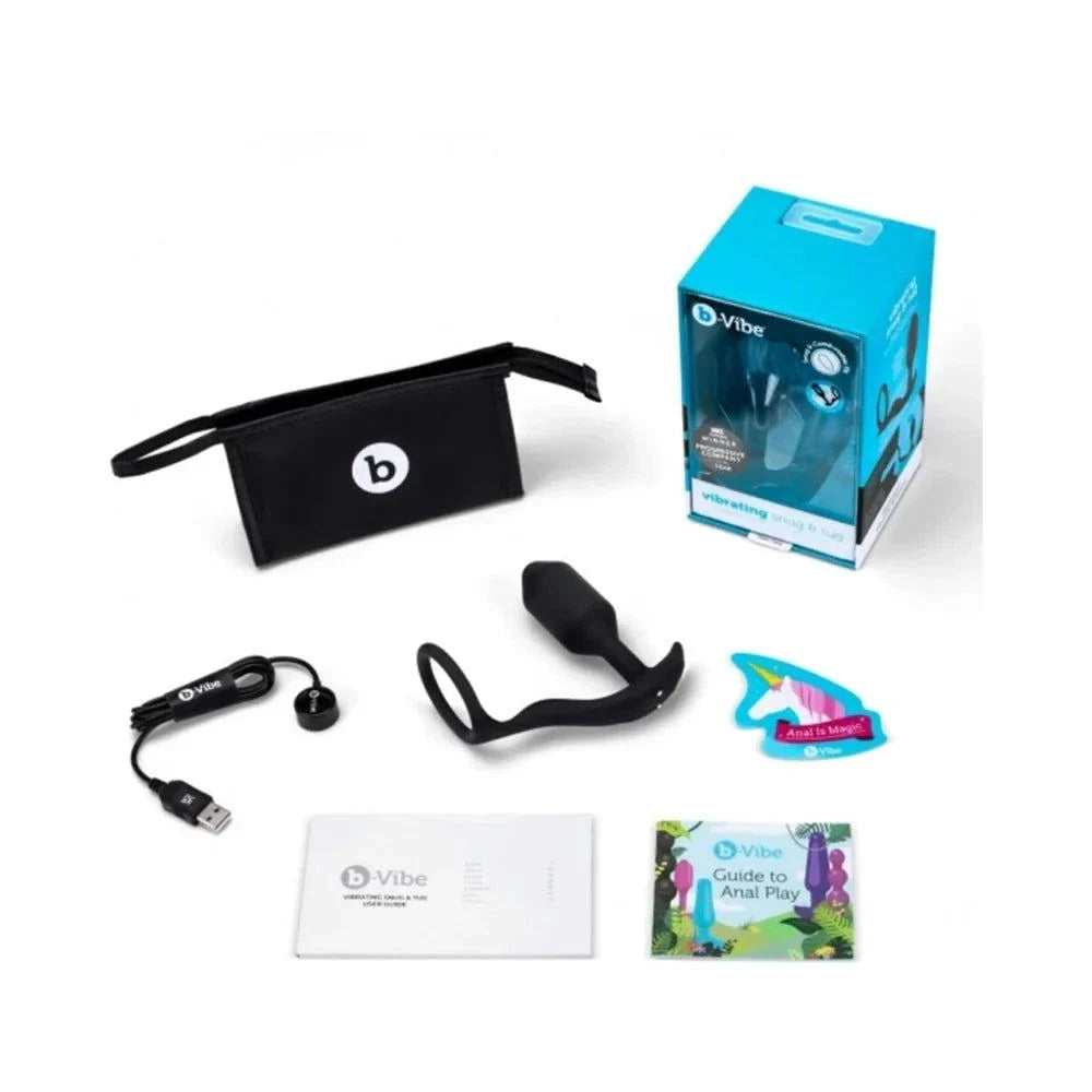 b-Vibe Vibrating Snug & Tug rechargeable weighted silicone anal plug with cock ring kit including USB charger, storage pouch, and user guides