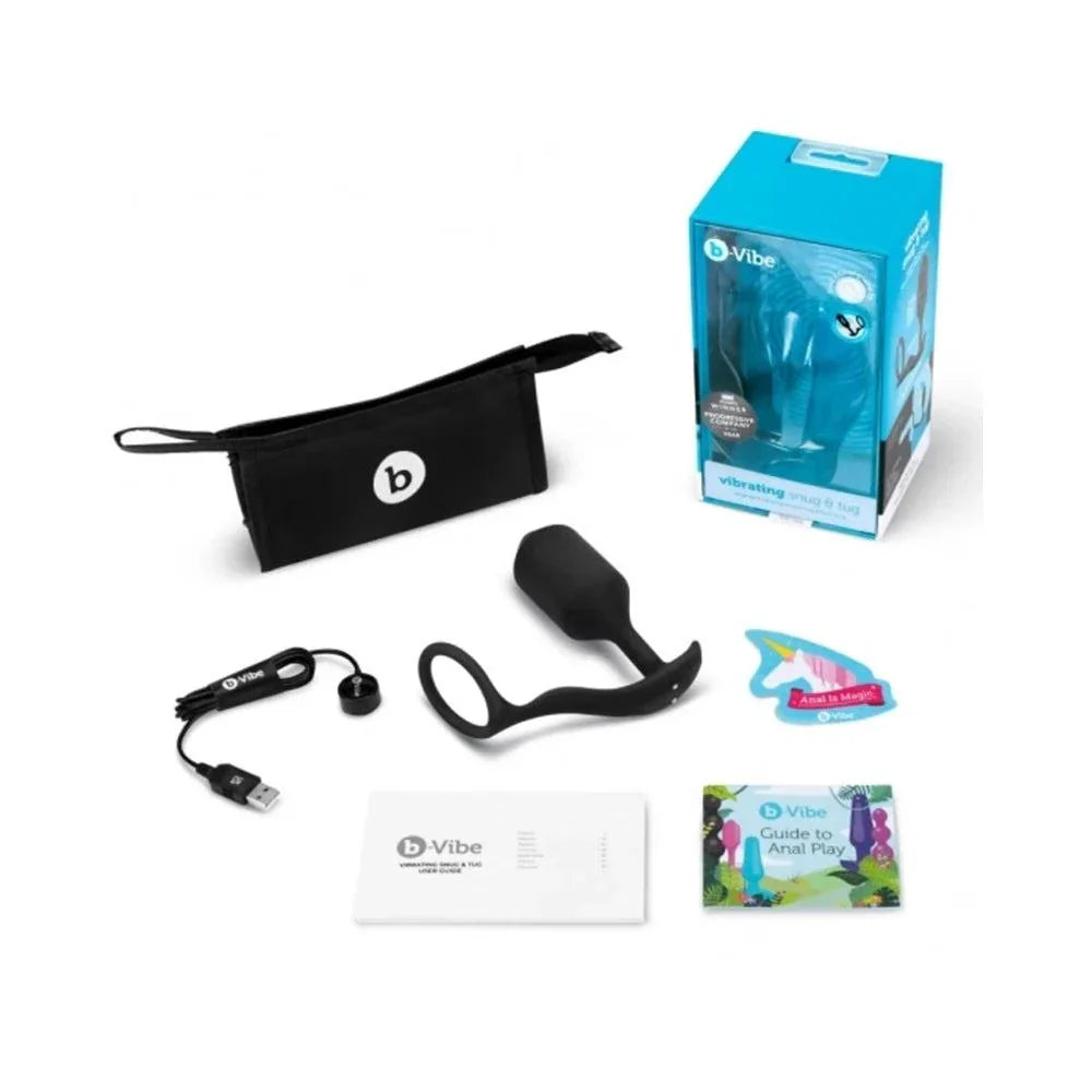 b-Vibe Vibrating Snug & Tug rechargeable weighted silicone anal plug with cockring and accessories including USB charger, storage pouch, and guide booklet.