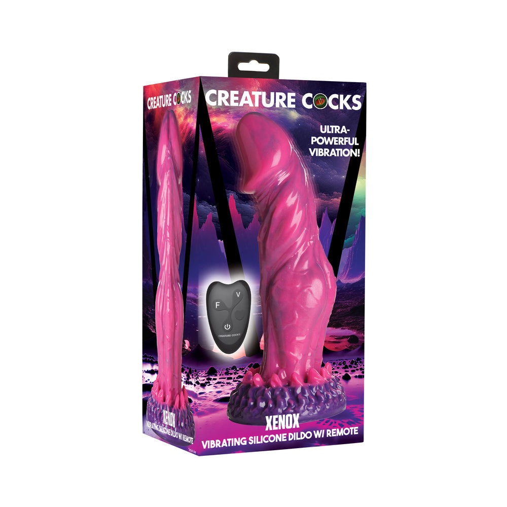 Creature Cocks Xenox pink vibrating silicone dildo with remote and suction base in packaging