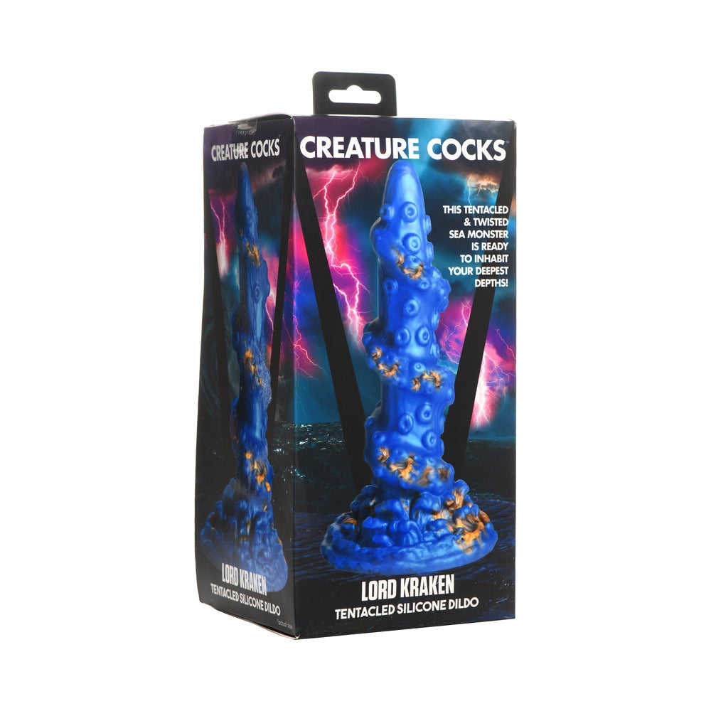 Creature Cocks Kraken Silicone Dildo with tentacles in deep blue and gold, suction cup base, 8.3 inch length, body-safe silicone.