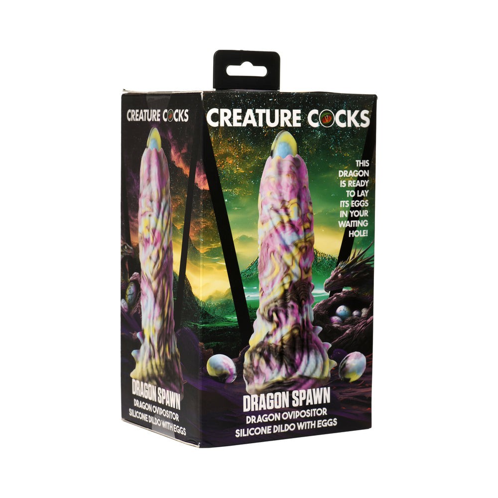 Creature Cocks Dragon Spawn dragon ovipositor silicone dildo with pastel colors and eggs in fantasy-themed packaging