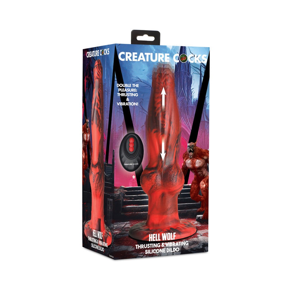Creature Cocks Hell Wolf thrusting and vibrating red silicone dildo with remote control in packaging