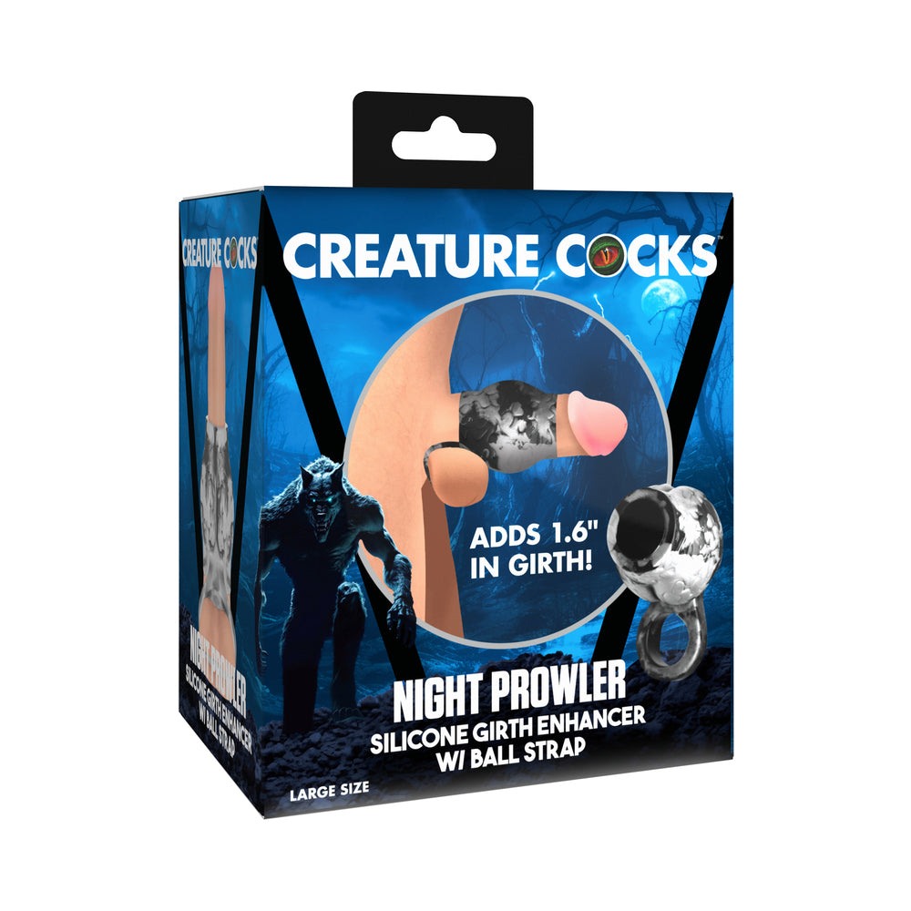 Creature Cocks Night Prowler silicone dildo and girth enhancer with ball strap packaging box