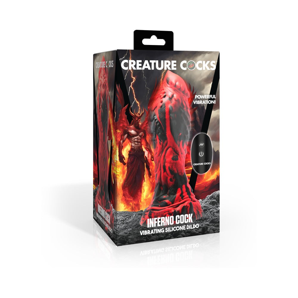 Creature Cocks Inferno Cock vibrating red and black silicone dildo with remote control and suction base in fiery themed packaging