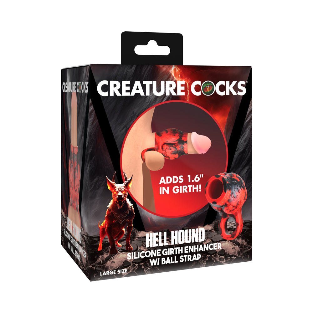 Creature Cocks Hell Hound large silicone girth enhancer with ball strap in red and black packaging