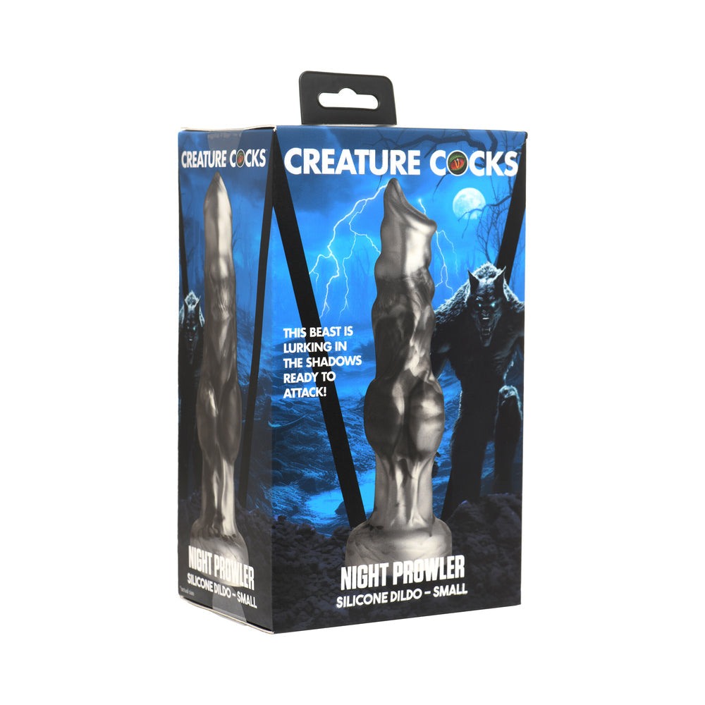 Creature Cocks Night Prowler silicone dildo and girth enhancer with ball strap packaging against a blue fantasy wolf background