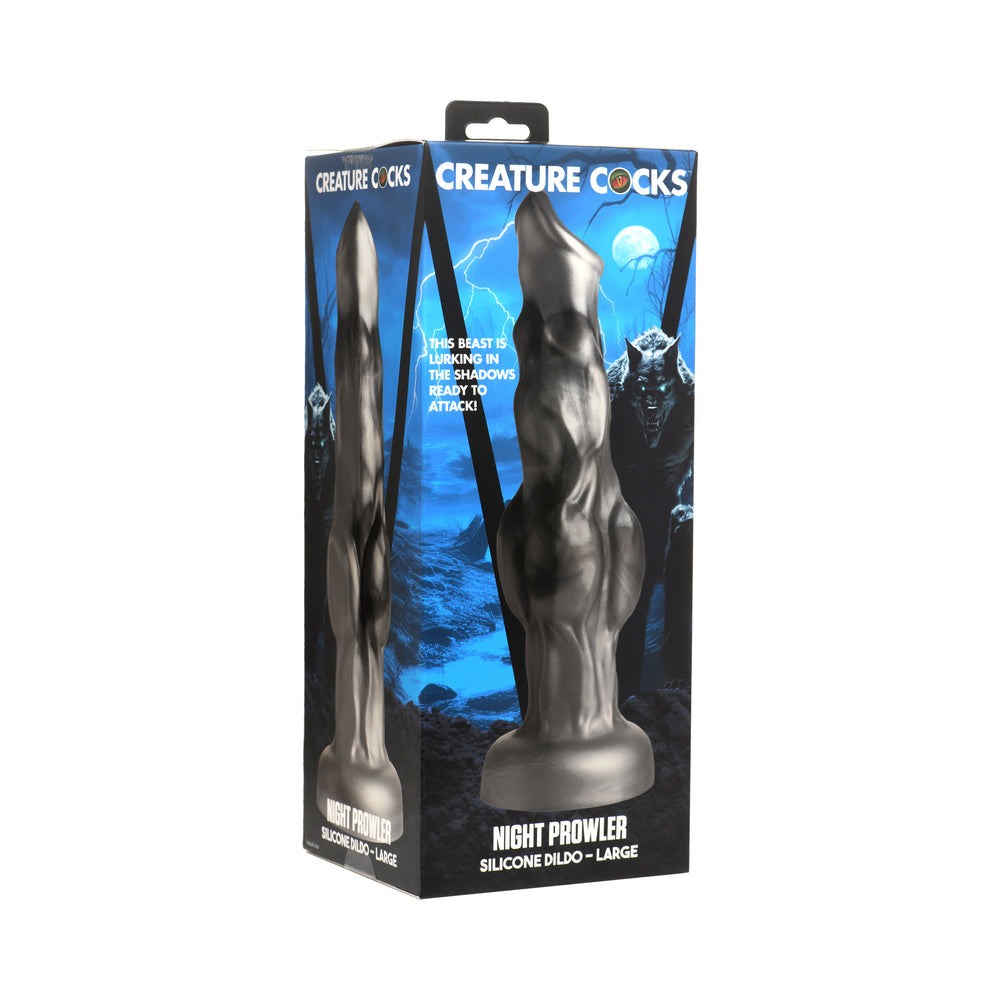 Creature Cocks Night Prowler large silicone dildo and girth enhancer with ball strap in black packaging