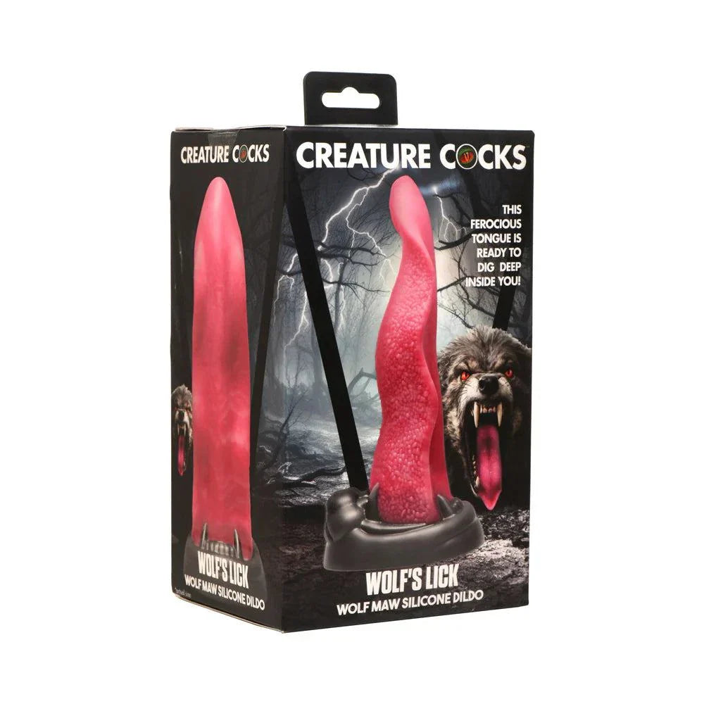 Creature Cocks Wolf's Lick Wolf Maw silicone dildo with textured tongue and suction base in black packaging.