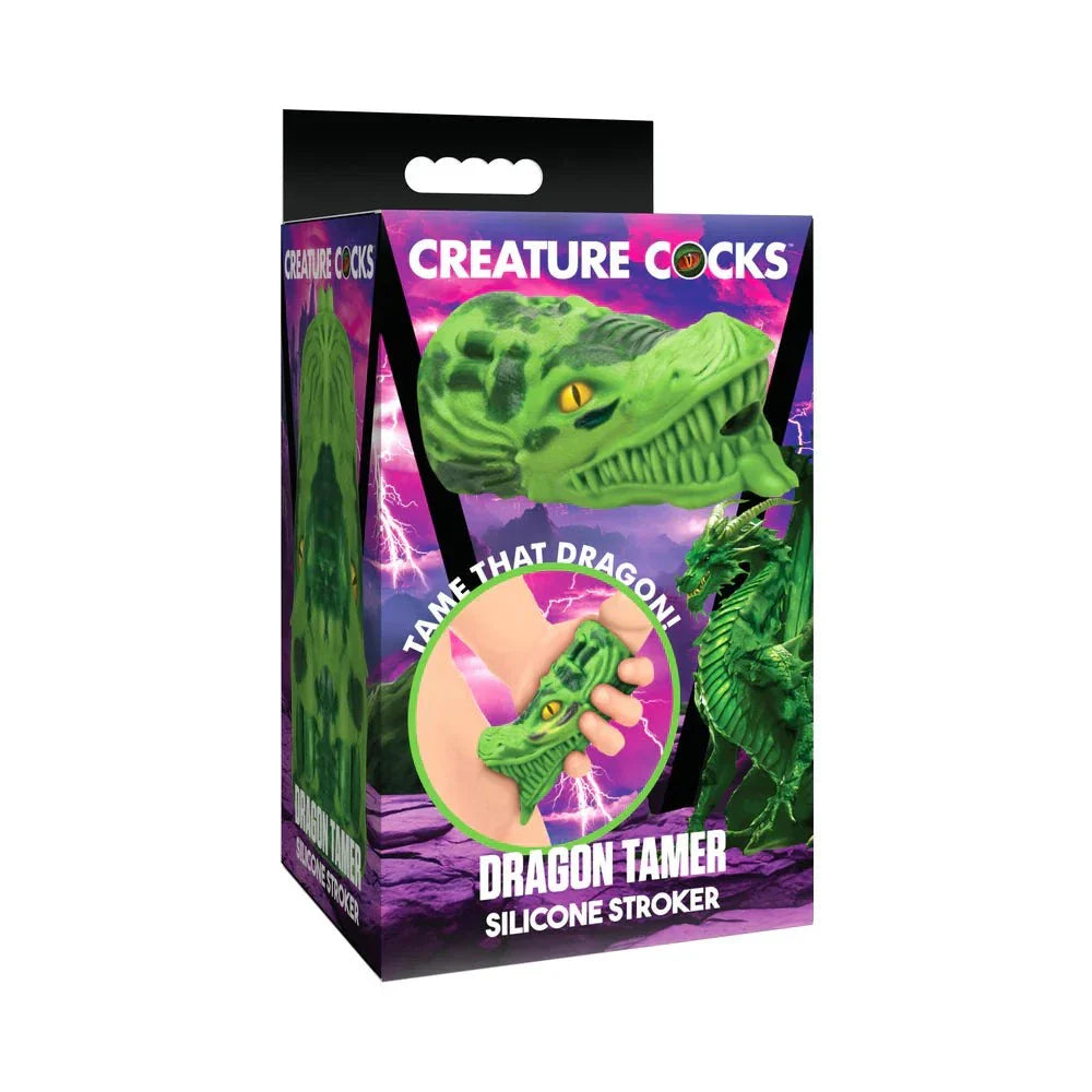Creature Cocks Dragon Tamer green silicone stroker with dragon design packaging