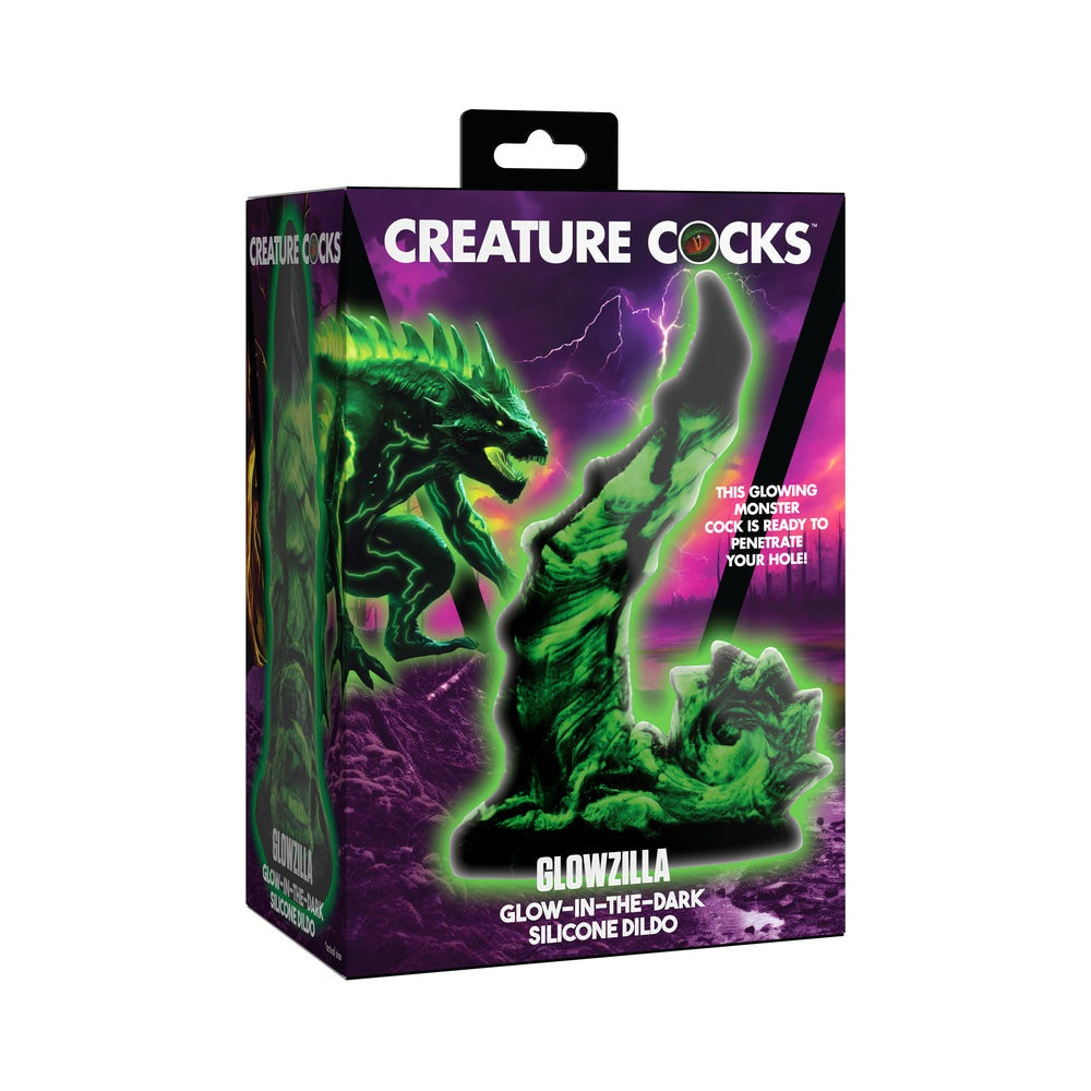 Creature Cocks Glowzilla Silicone Dildo glow-in-the-dark green monster design with suction base packaging