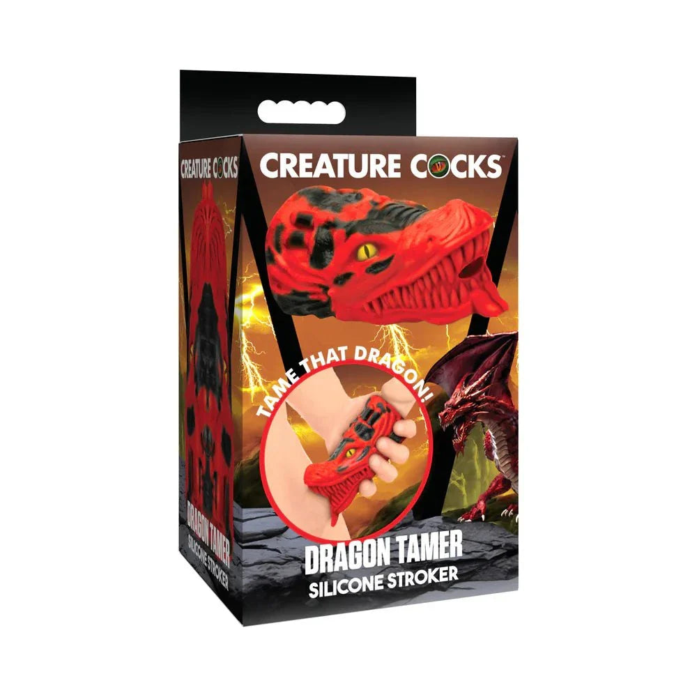 Creature Cocks Dragon Tamer red silicone stroker with dragon design in packaging