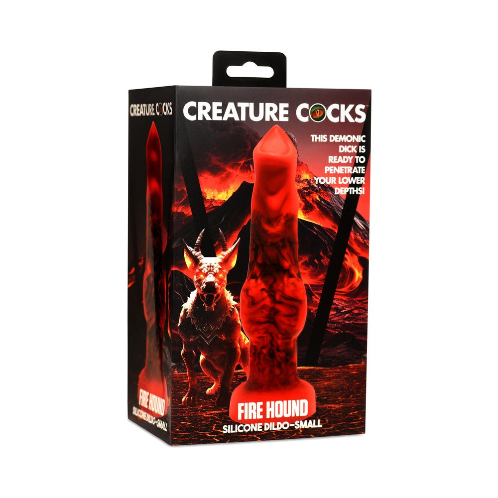 Creature Cocks Fire Hound Silicone Dildo S in red with black smoky accents and suction cup base in fantasy-themed packaging.
