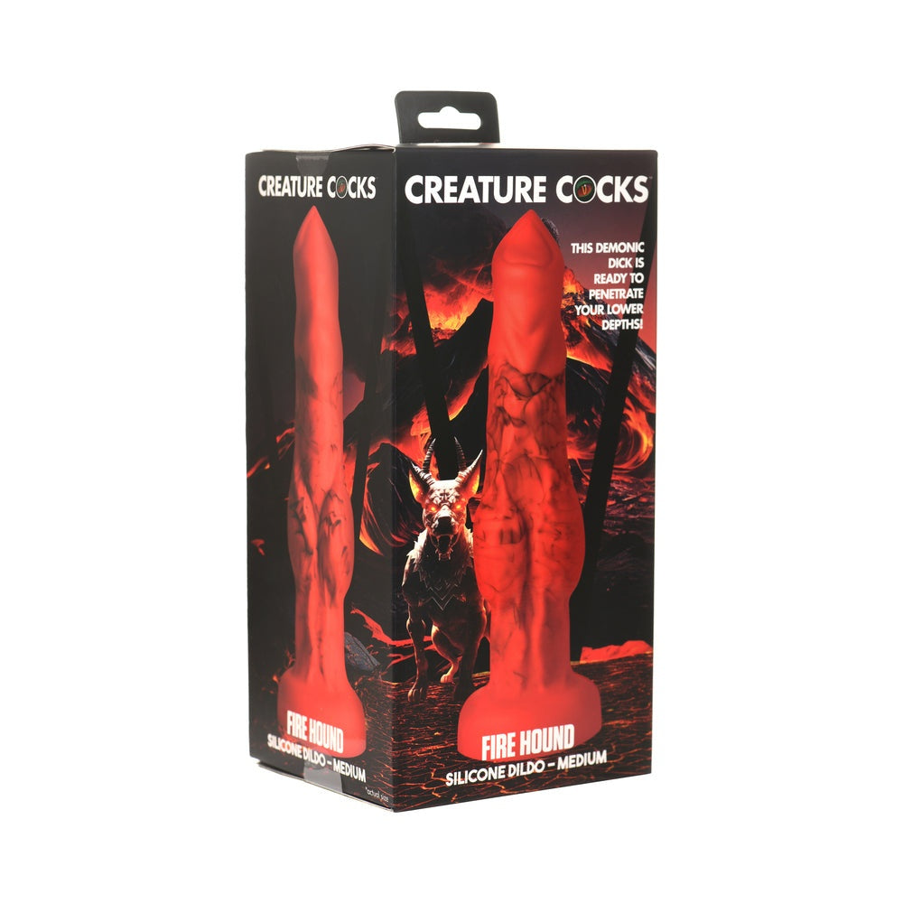 Creature Cocks Fire Hound medium red and black silicone dildo with suction base in packaging