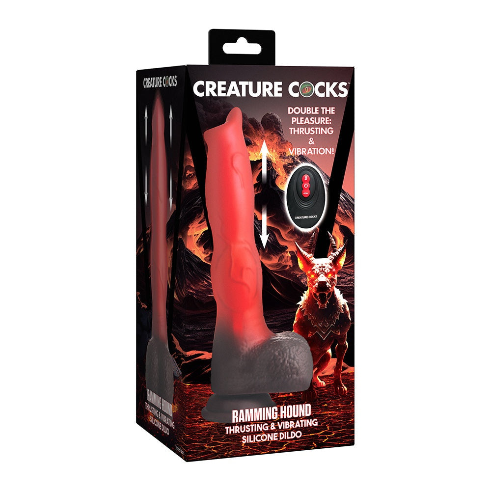 Creature Cocks Canine Thrusting and Vibrating Silicone Dildo with remote control and suction base in red and brown colors.