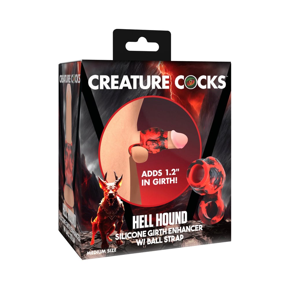 Packaging of Creature Cocks Hell Hound medium silicone girth enhancer with ball strap in red and black design displaying product features and image.