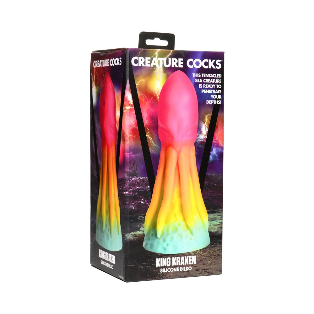 Creature Cocks King Kraken rainbow silicone dildo with suction base and tentacle design in packaging