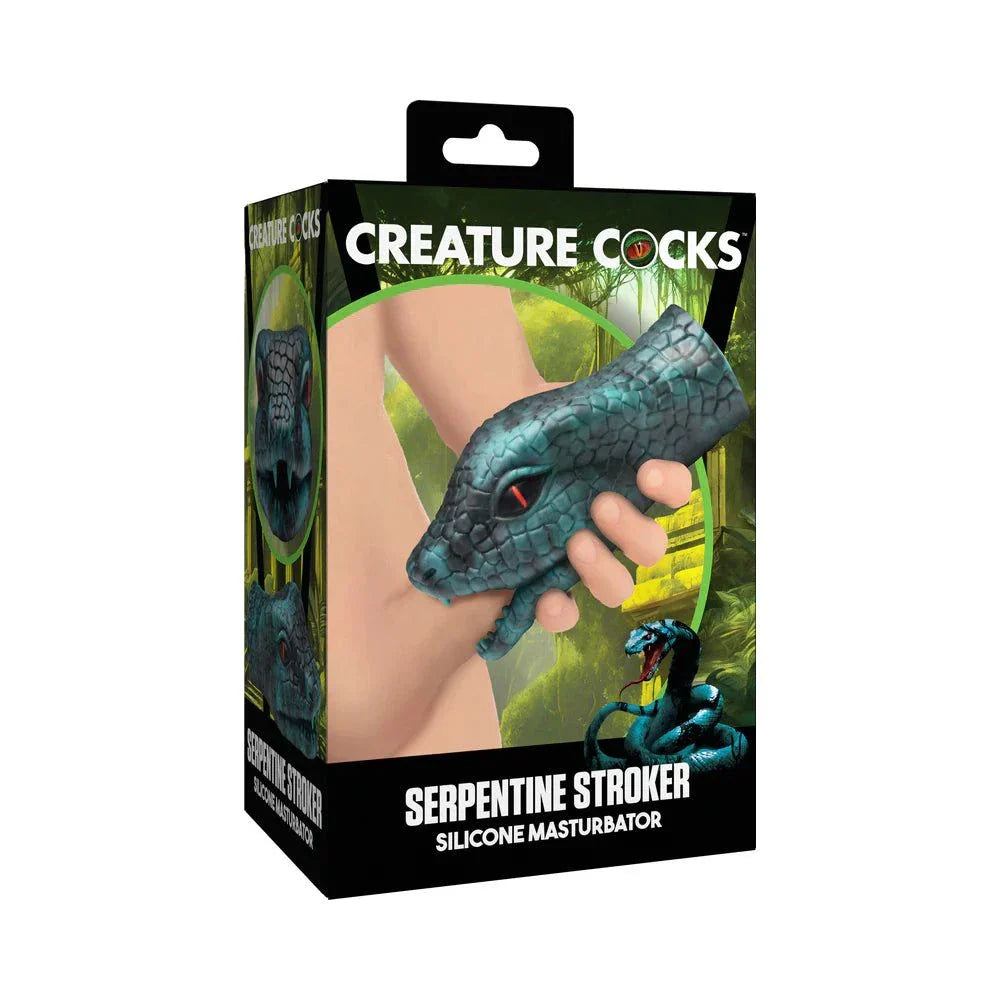 Creature Cocks Serpentine Stroker silicone masturbator in green with snake design and textured internal tunnel for enhanced pleasure