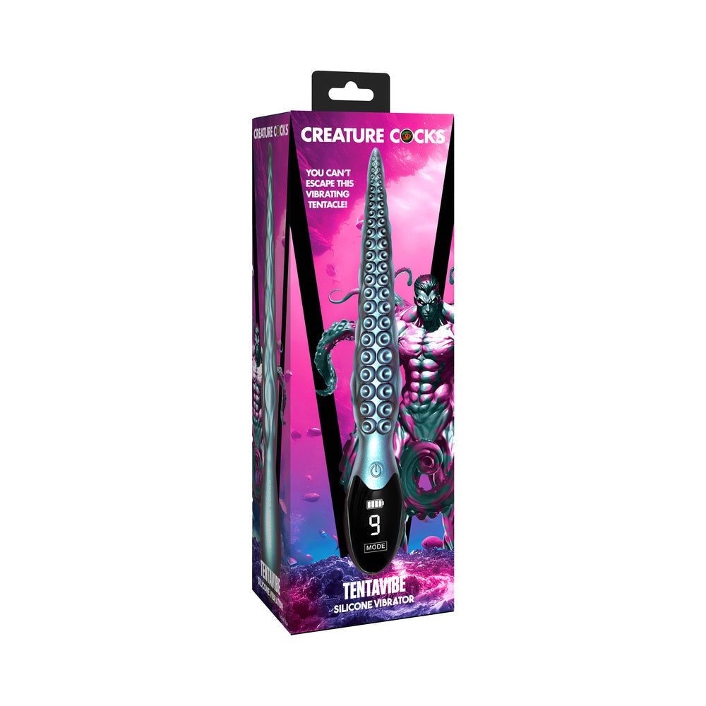 Creature Cocks Tentavibe silicone vibrator with octopus tentacle design, iridescent teal, digital display, USB rechargeable, splashproof.