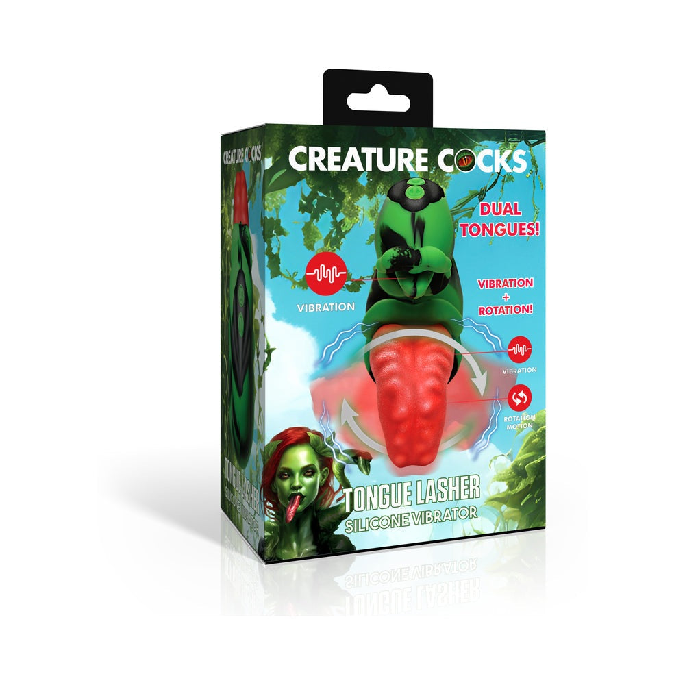 Creature Cocks Tongue Lasher silicone vibrator with dual tongues, vibration and rotation, green and red design in packaging.