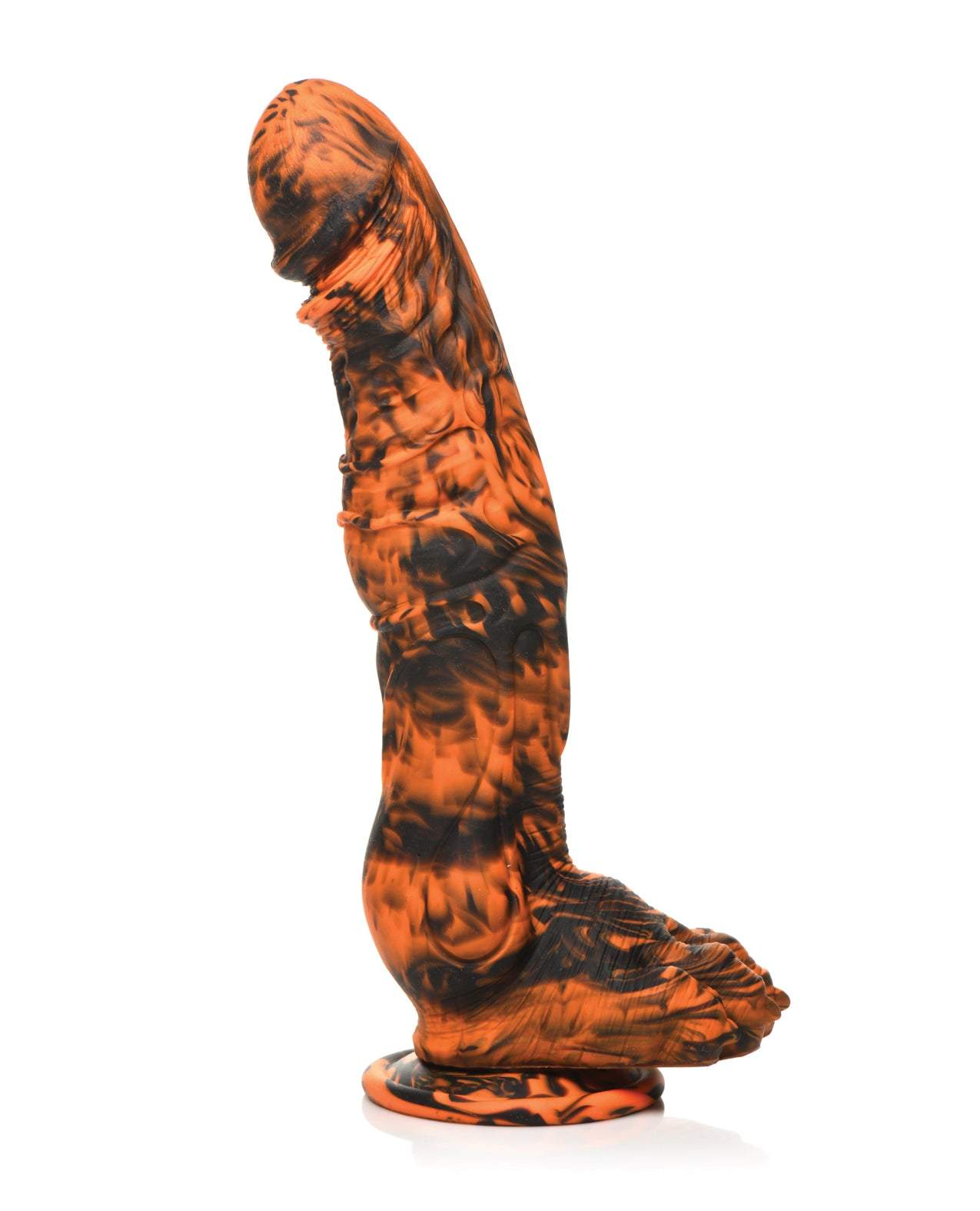 Creature Cocks Sabertooth Silicone Dildo in orange and black camo with textured ridges and suction cup base.