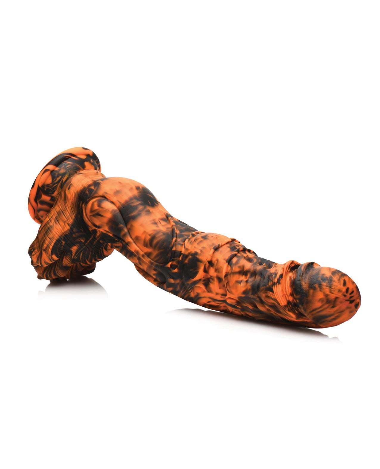 Creature Cocks Sabertooth Silicone Dildo in orange and black camo with textured ridges and suction cup base for hands-free pleasure