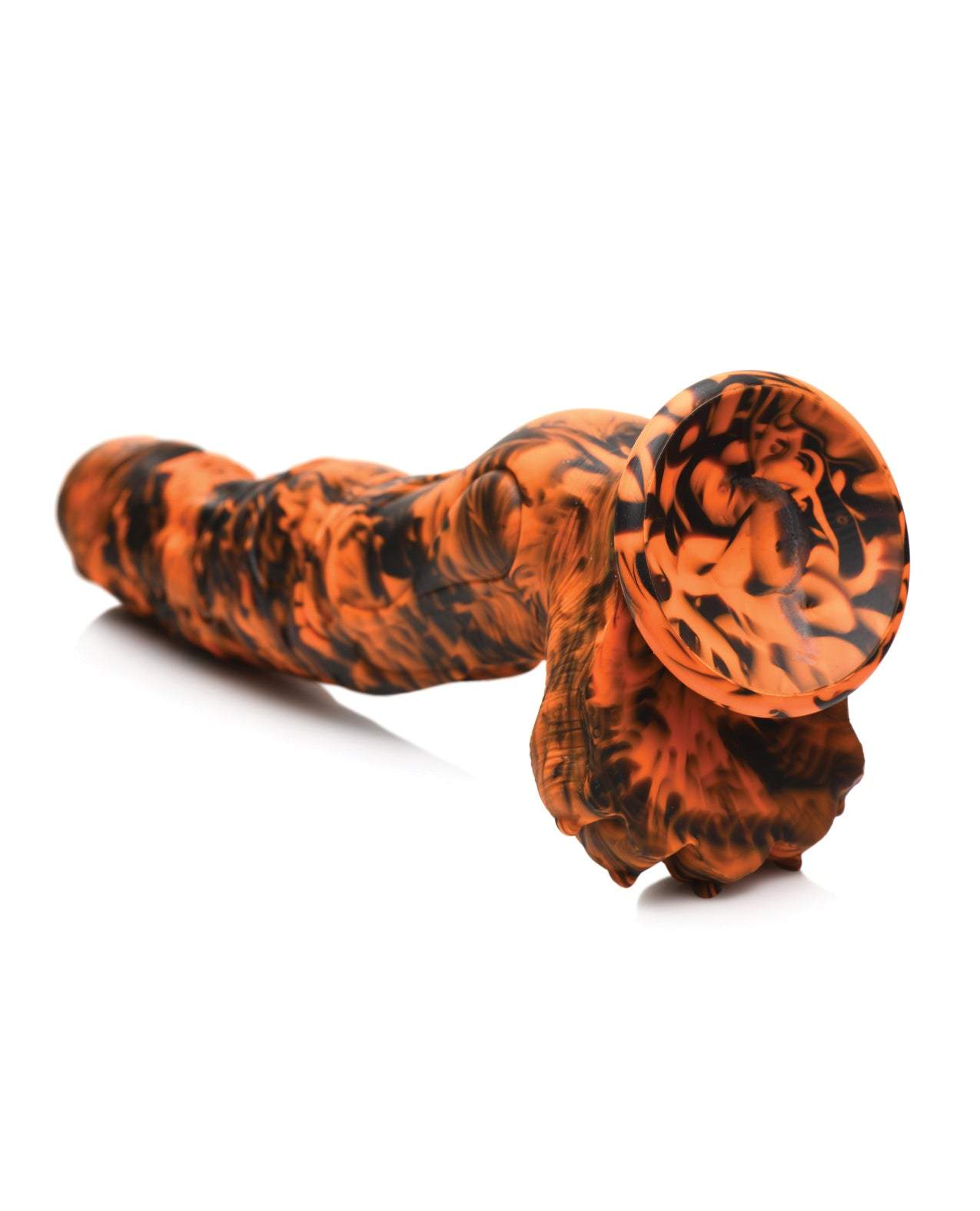 Creature Cocks Sabertooth Silicone Dildo in orange and black camo with textured ridges and suction cup base
