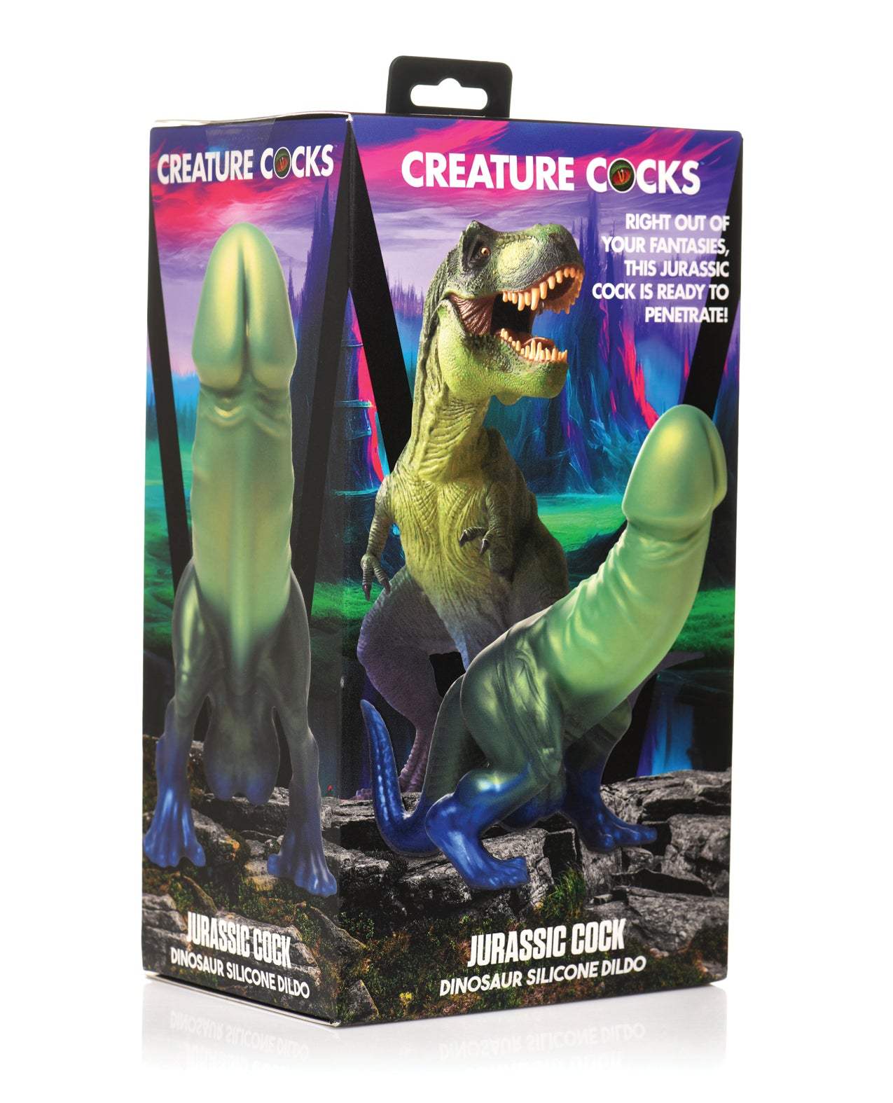 Creature Cocks Jurassic Cock dinosaur silicone dildo with glittering blue and green hues, curved shaft, and suction base for hands-free play.