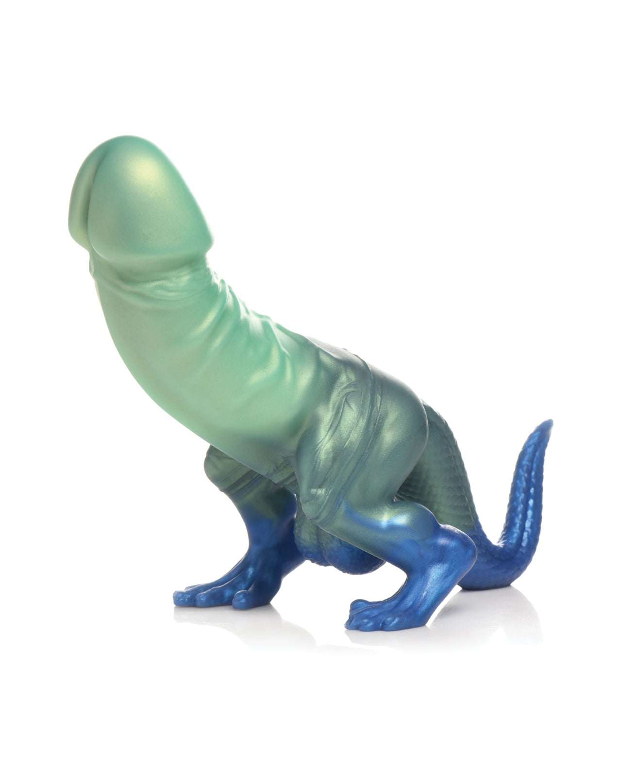 Creature Cocks Jurassic Cock dinosaur-themed silicone dildo with suction base in blue and teal hues