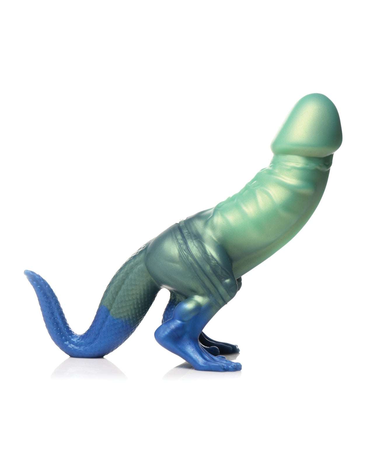 Creature Cocks Jurassic Cock silicone dildo with dinosaur design, curved shaft, suction base, and vibrant blue and green colors.