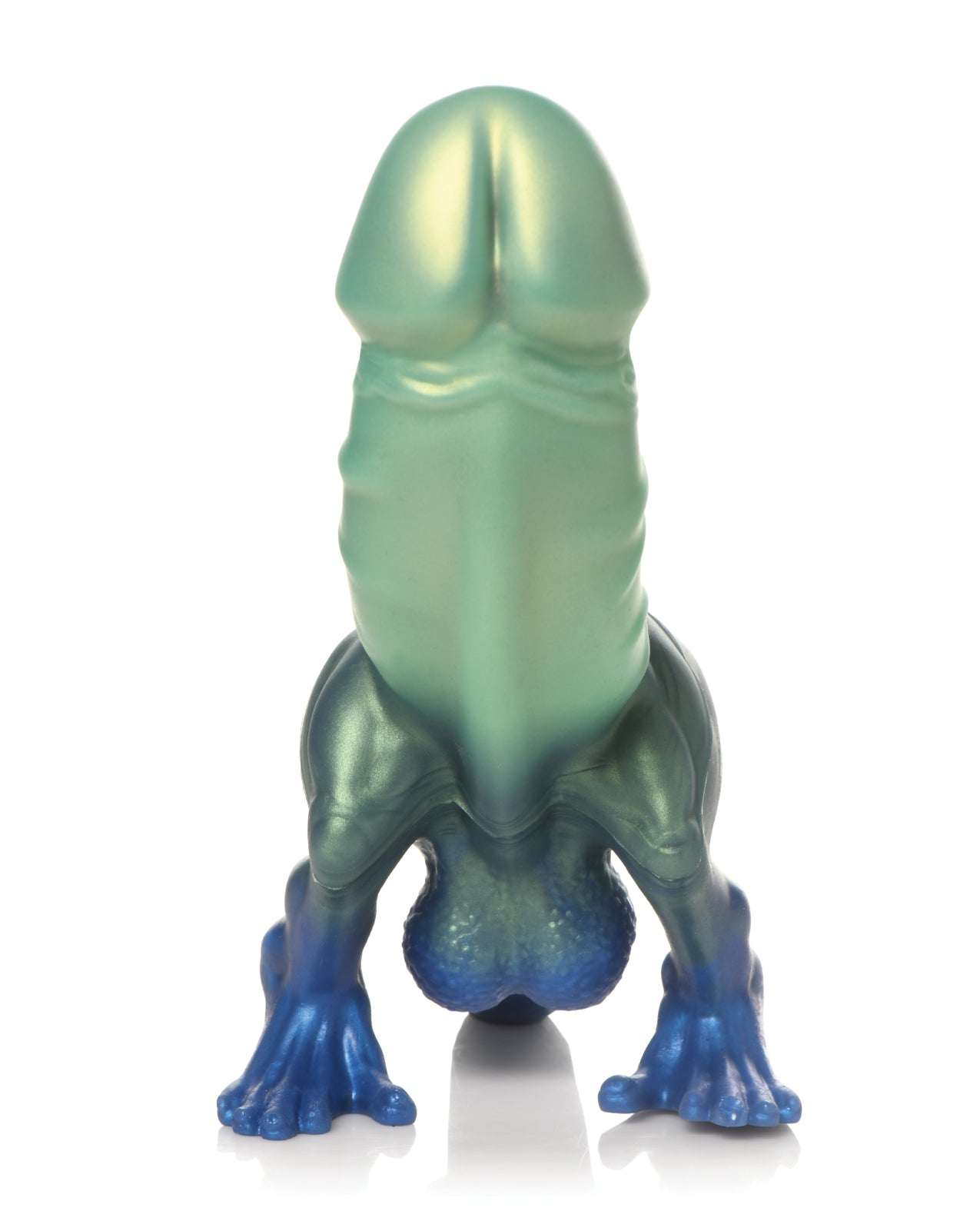 Creature Cocks Jurassic Cock dinosaur-themed silicone dildo with shimmering blue and teal hues, curved shaft, textured veins, suction base, and playful dinosaur details.