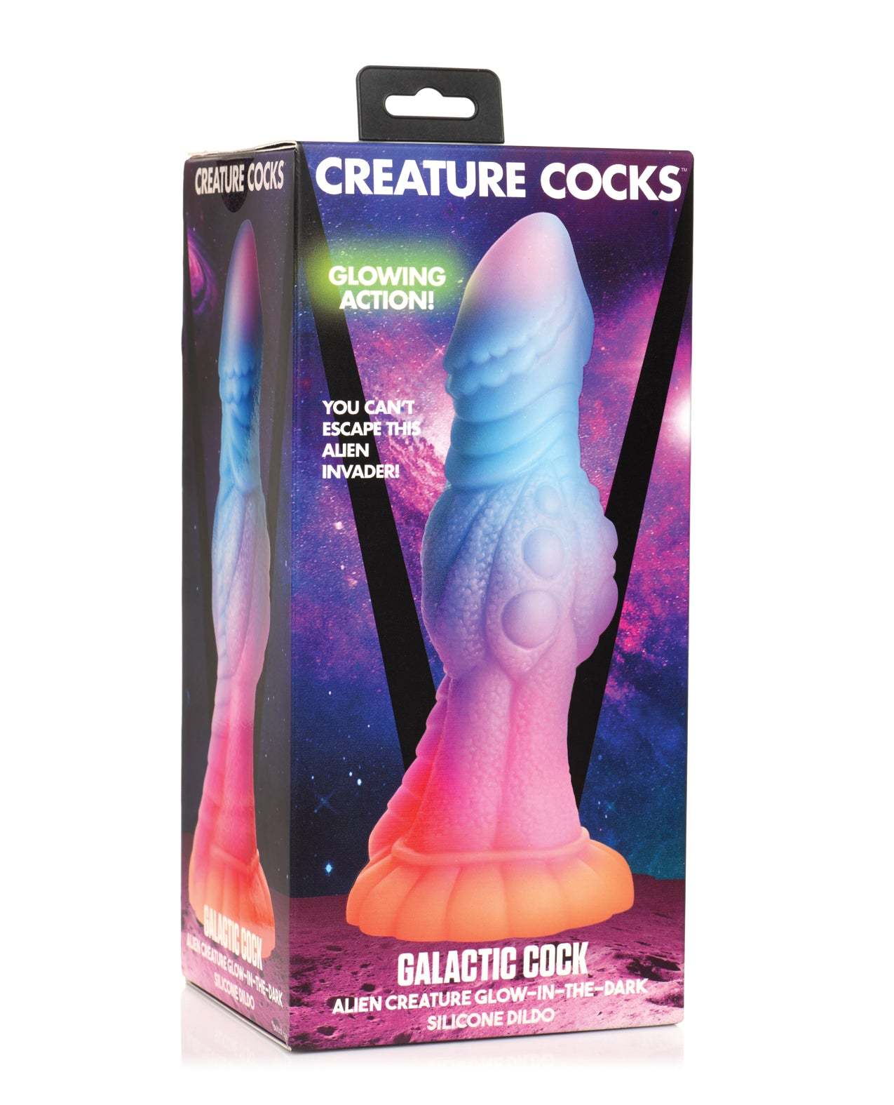 Creature Cocks Galactic Cock alien creature silicone dildo with glow-in-the-dark feature and suction cup base in pink, blue, and orange colors.