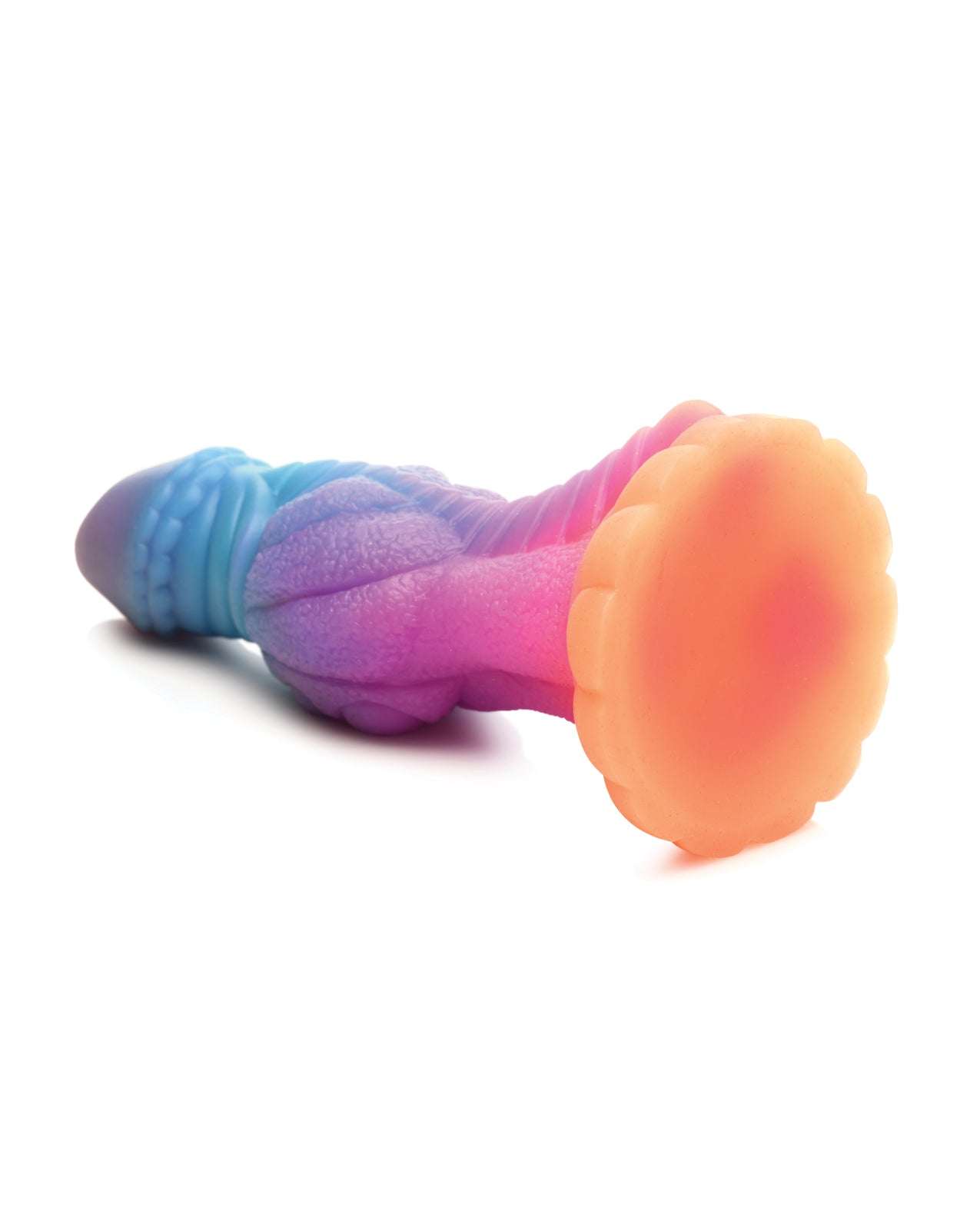 Colorful glow-in-the-dark Creature Cocks Galactic Cock silicone alien creature dildo with textured surface and suction cup base.
