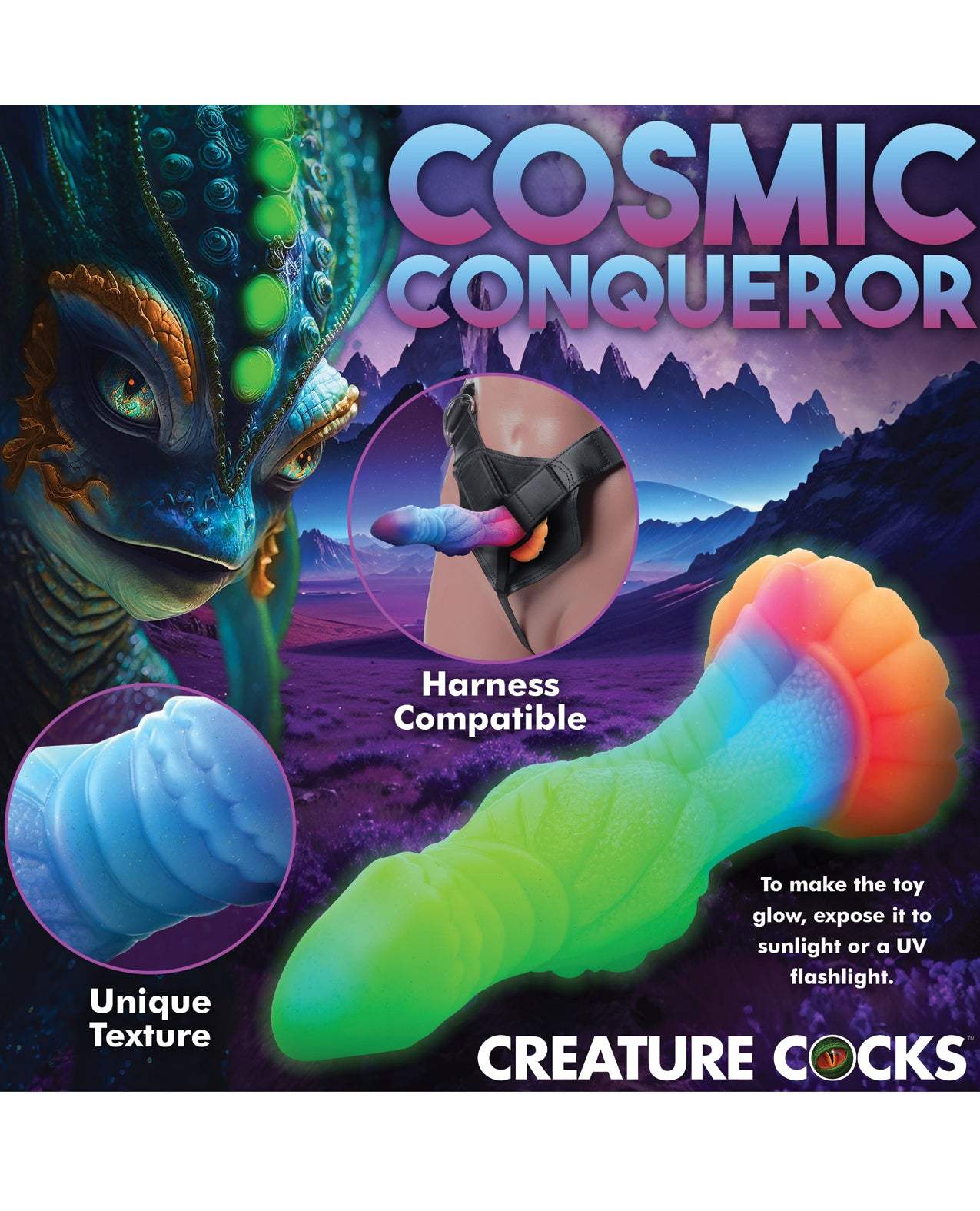 Creature Cocks Galactic Cock glow-in-the-dark silicone dildo with unique texture and harness compatibility