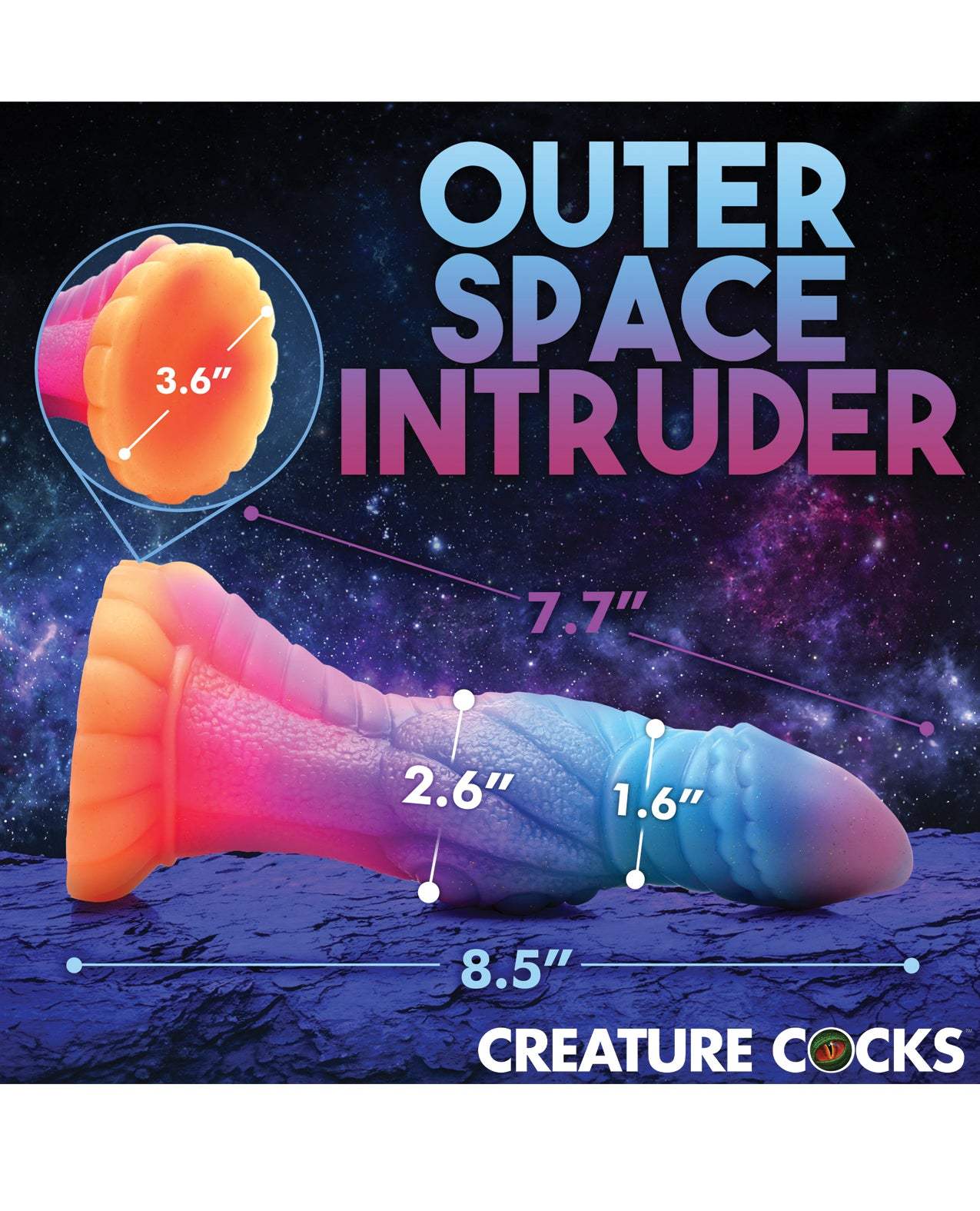 Creature Cocks Galactic Cock alien creature silicone dildo glowing in the dark with textured surface and suction cup base.