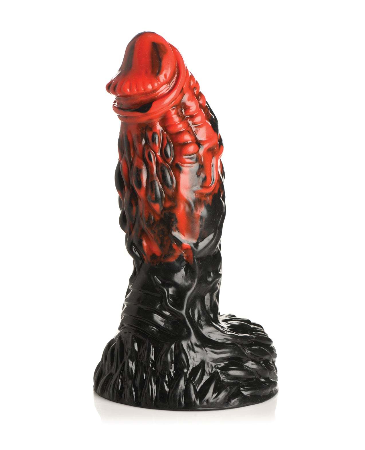 Creature Cocks Vulcan Silicone Dildo in black and red with textured surface and suction cup base.
