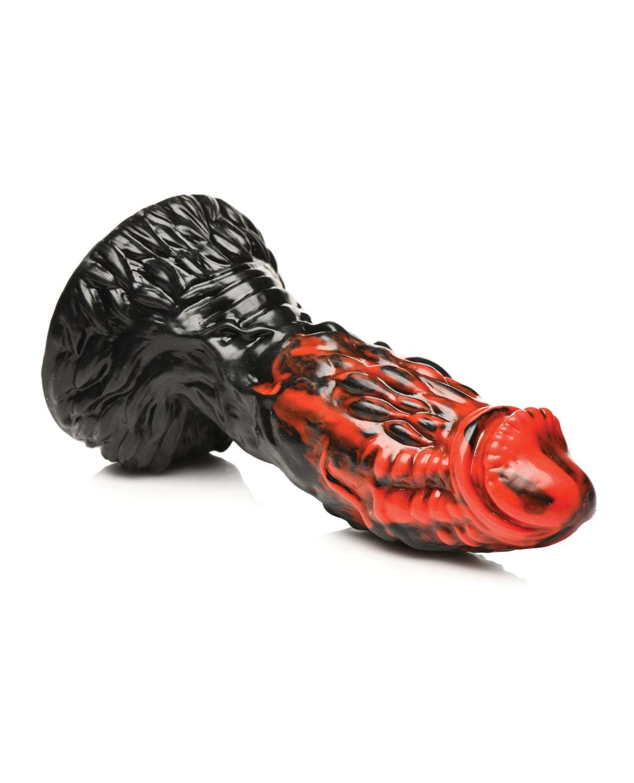 Black and red Creature Cocks Vulcan silicone dildo with textured ridges and suction cup base