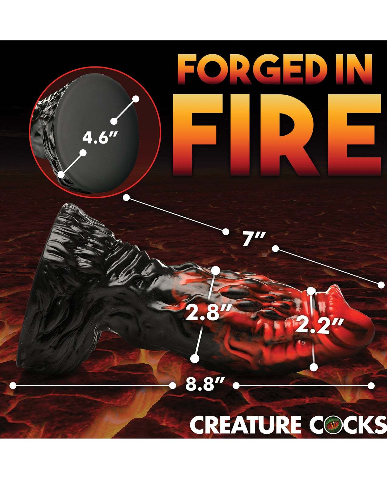 Creature Cocks Vulcan Silicone Dildo in black and red with textured design and strong suction cup base, measuring 8.8 inches in length.