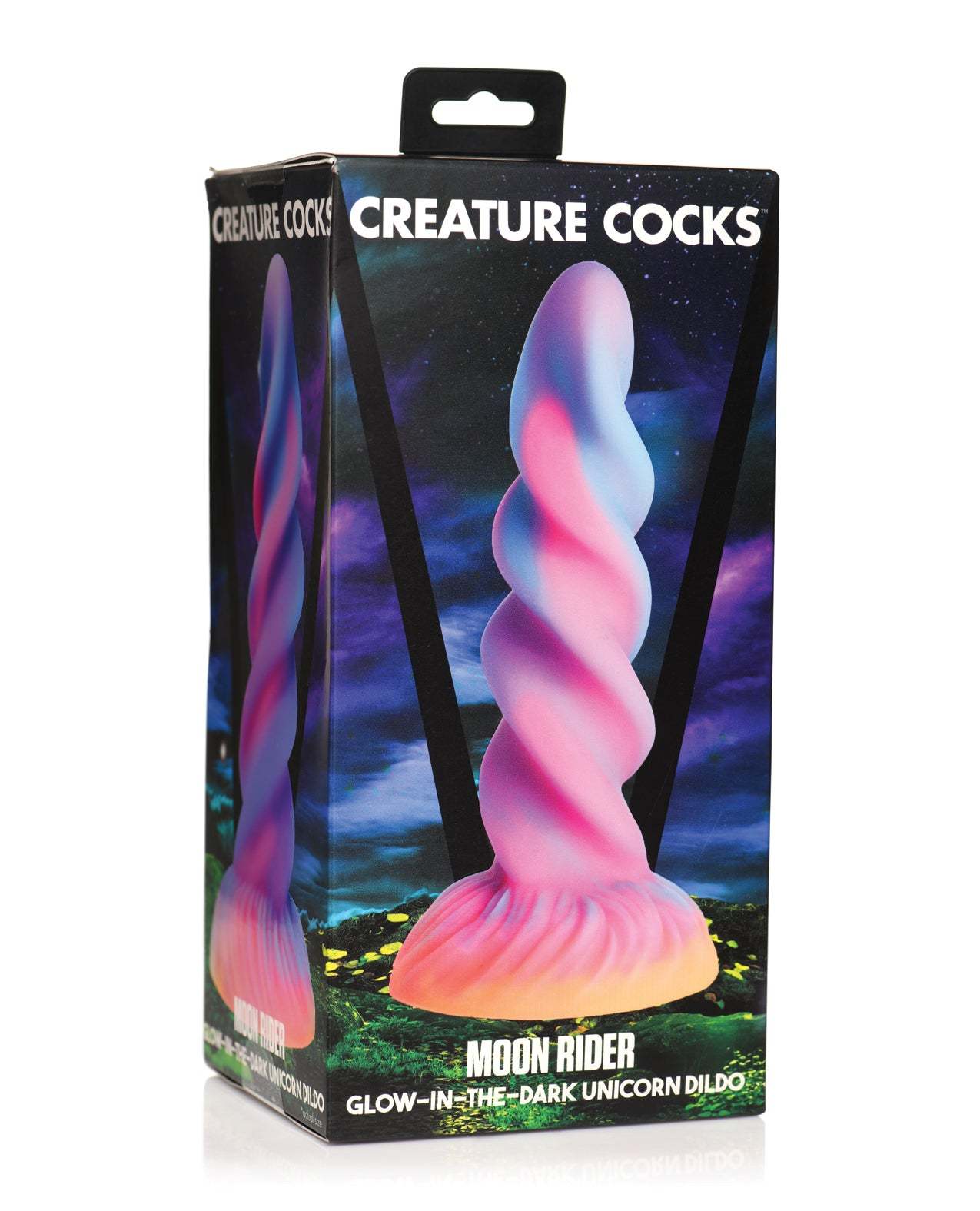 Creature Cocks Moon Rider glow in the dark unicorn dildo with vibrant colors and suction cup base packaging.