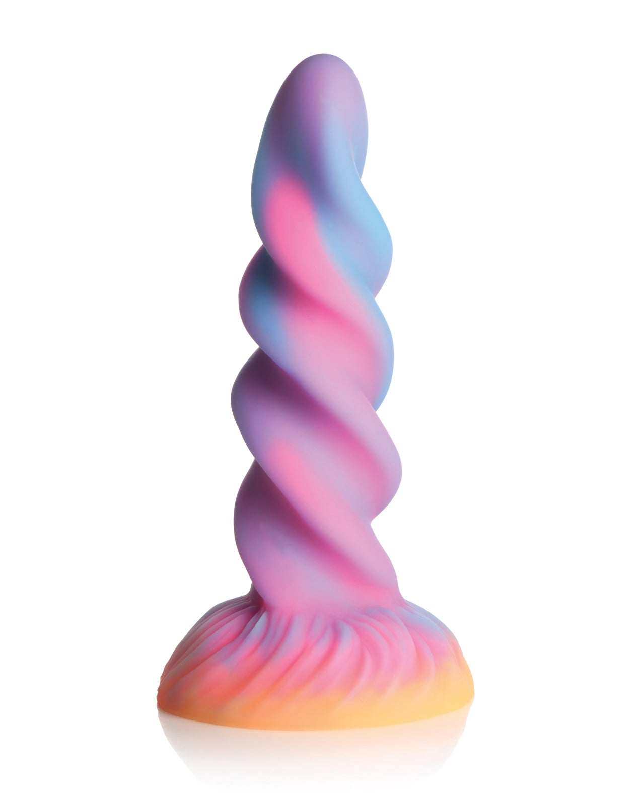Creature Cocks Moon Rider unicorn dildo in pastel colors with a spiral design and suction cup base, glow-in-the-dark silicone adult toy