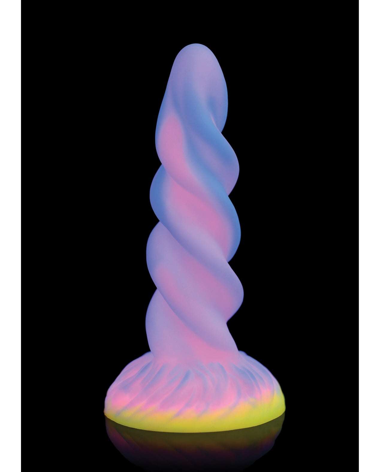 Glow in the dark Creature Cocks Moon Rider Unicorn Dildo with spiral horn and vibrant pink, purple, and yellow colors