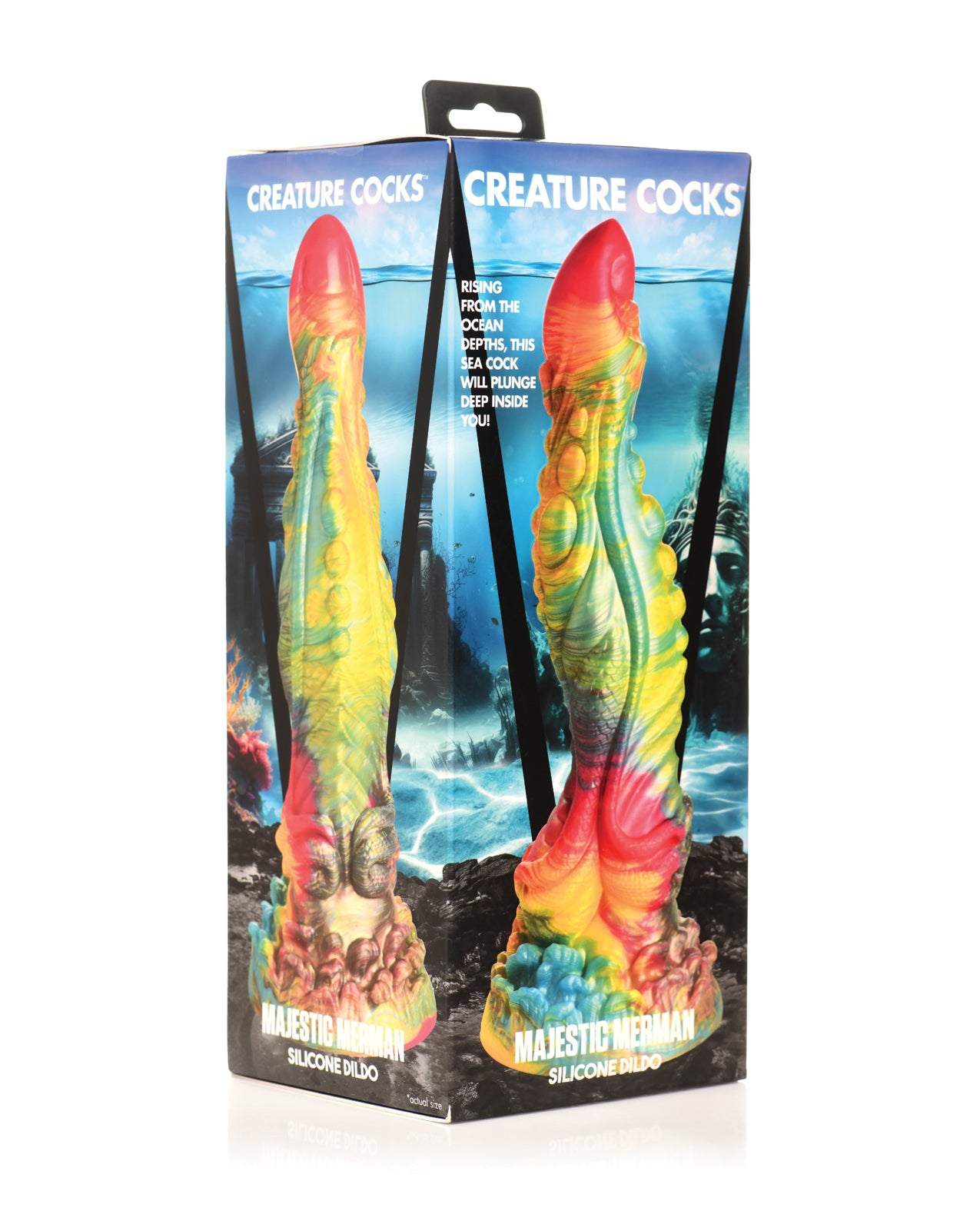 Creature Cocks Majestic Merman multi-color silicone dildo with textured design and suction base in product packaging