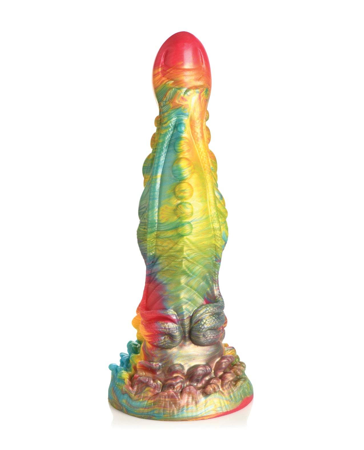 Multi-color Creature Cocks Majestic Merman silicone dildo with textured, S-shaped design and suction base