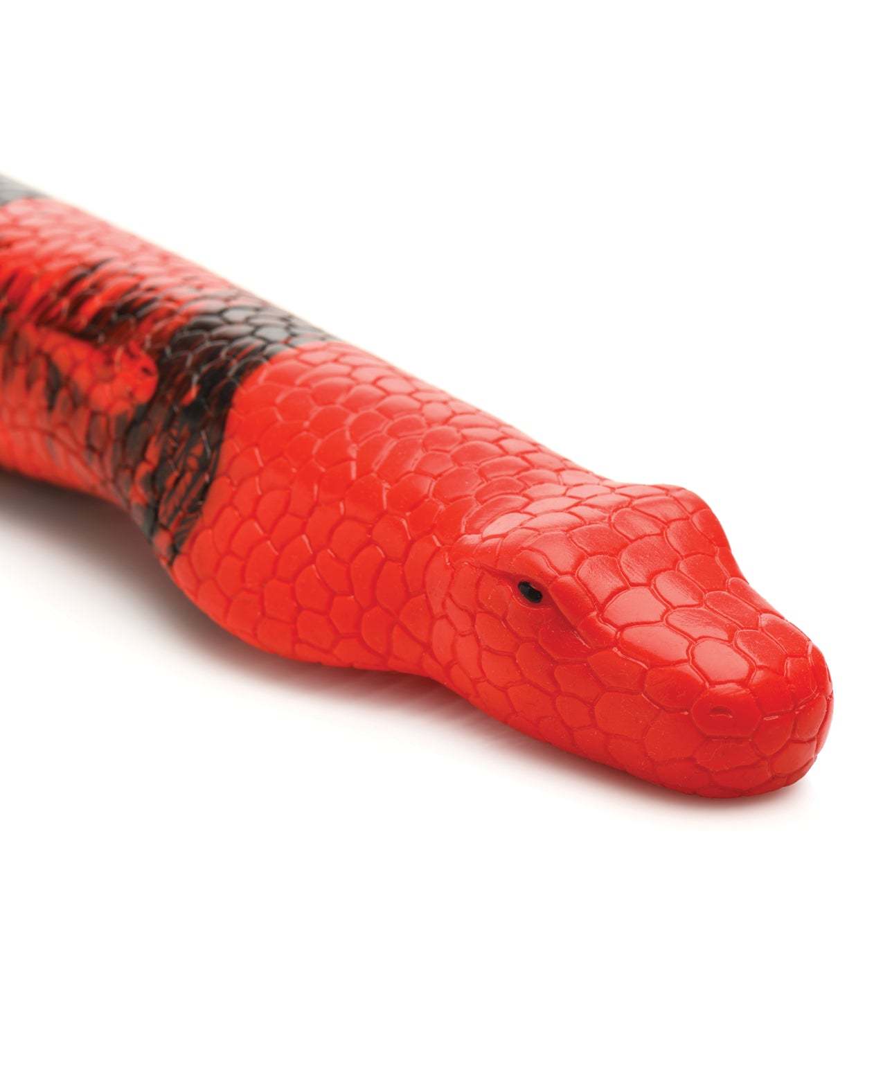 Close-up of red and black Creature Cocks King Cobra X-Large silicone dildo with detailed cobra head tip and textured scales