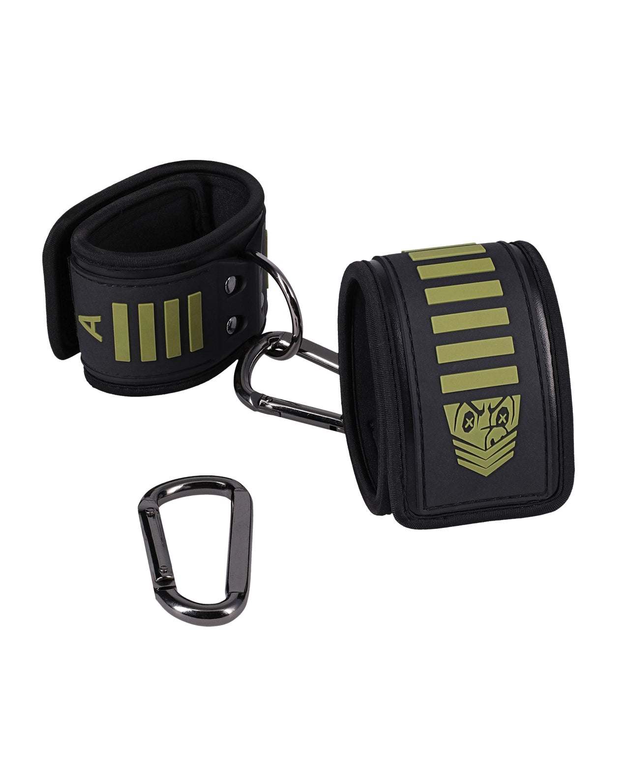 Fort Troff Tactical ankle cuffs in black and green with buckle-free Velcro design and neoprene lining for comfort.