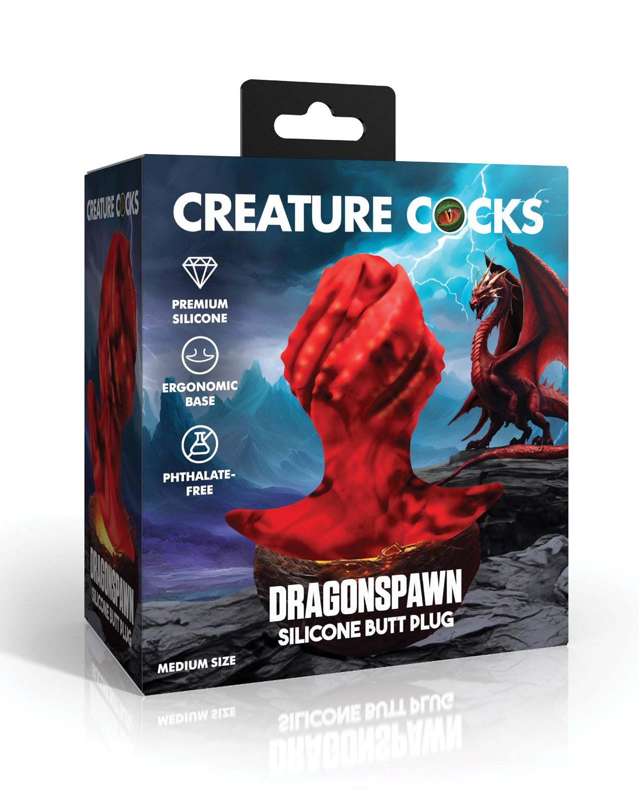 Creature Cocks Dragonspawn medium black and red silicone butt plug with dragon egg design and ergonomic base