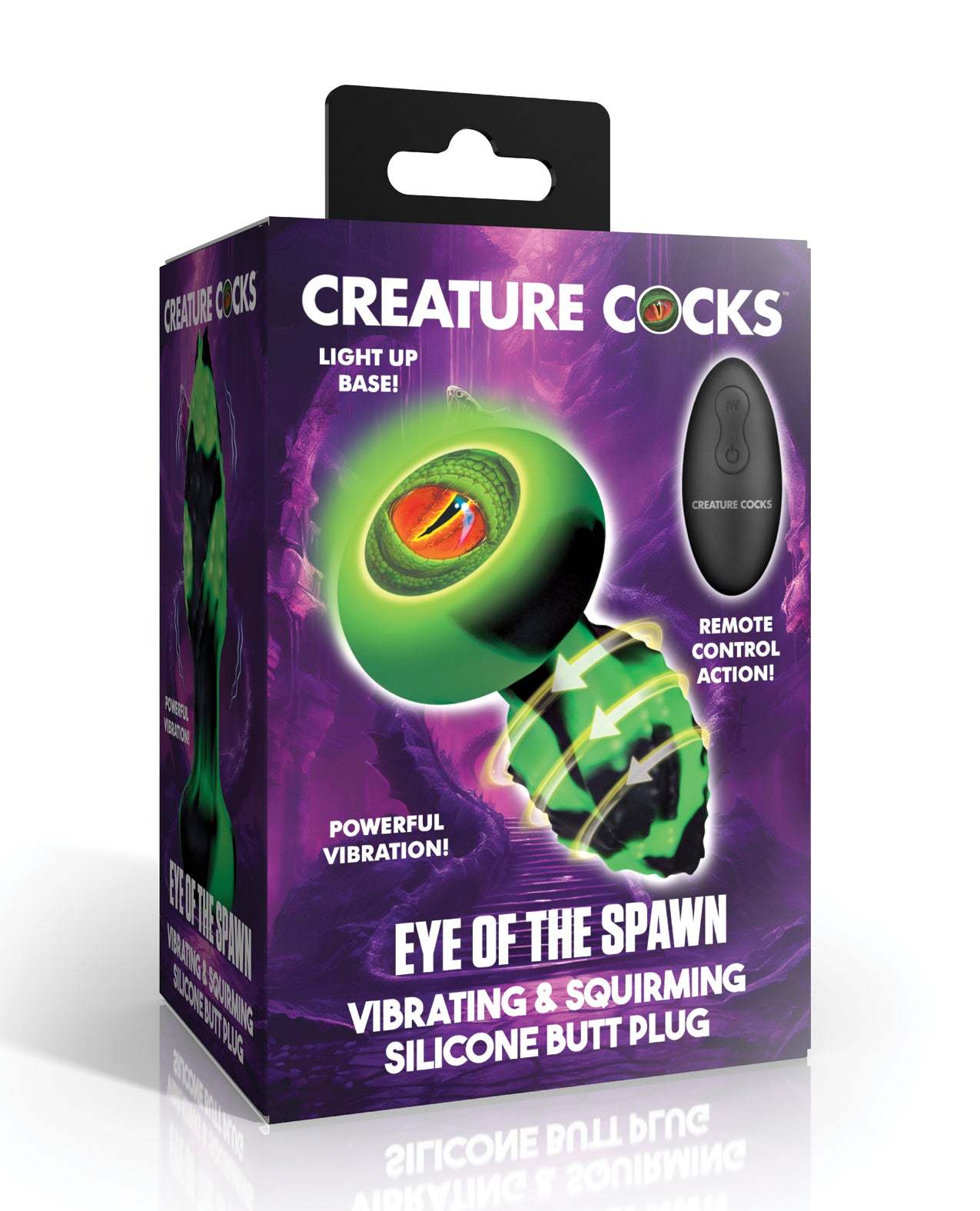 Creature Cocks Eye of the Spawn vibrating and squirming silicone butt plug with light-up base and remote control in green and black spiral design