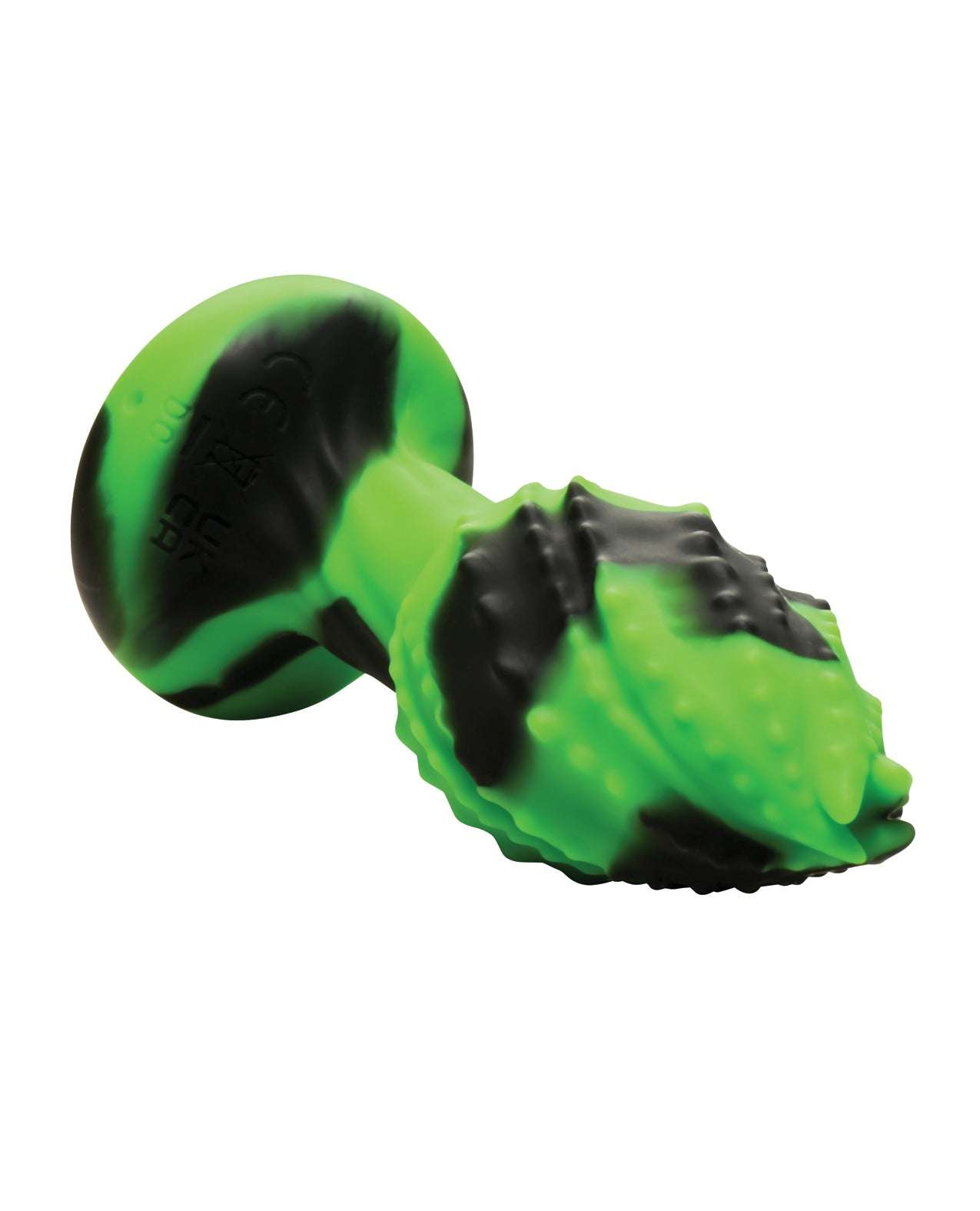 Creature Cocks - Eye of the Spawn green and black vibrating silicone butt plug with reptilian eye design and textured spiral ridges.
