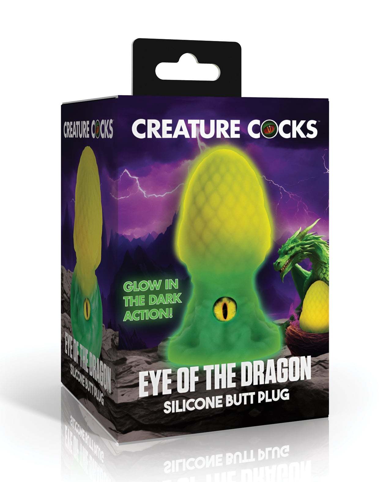 Creature Cocks Eye of the Dragon green silicone butt plug with dragon scale texture and glow-in-the-dark feature in packaging