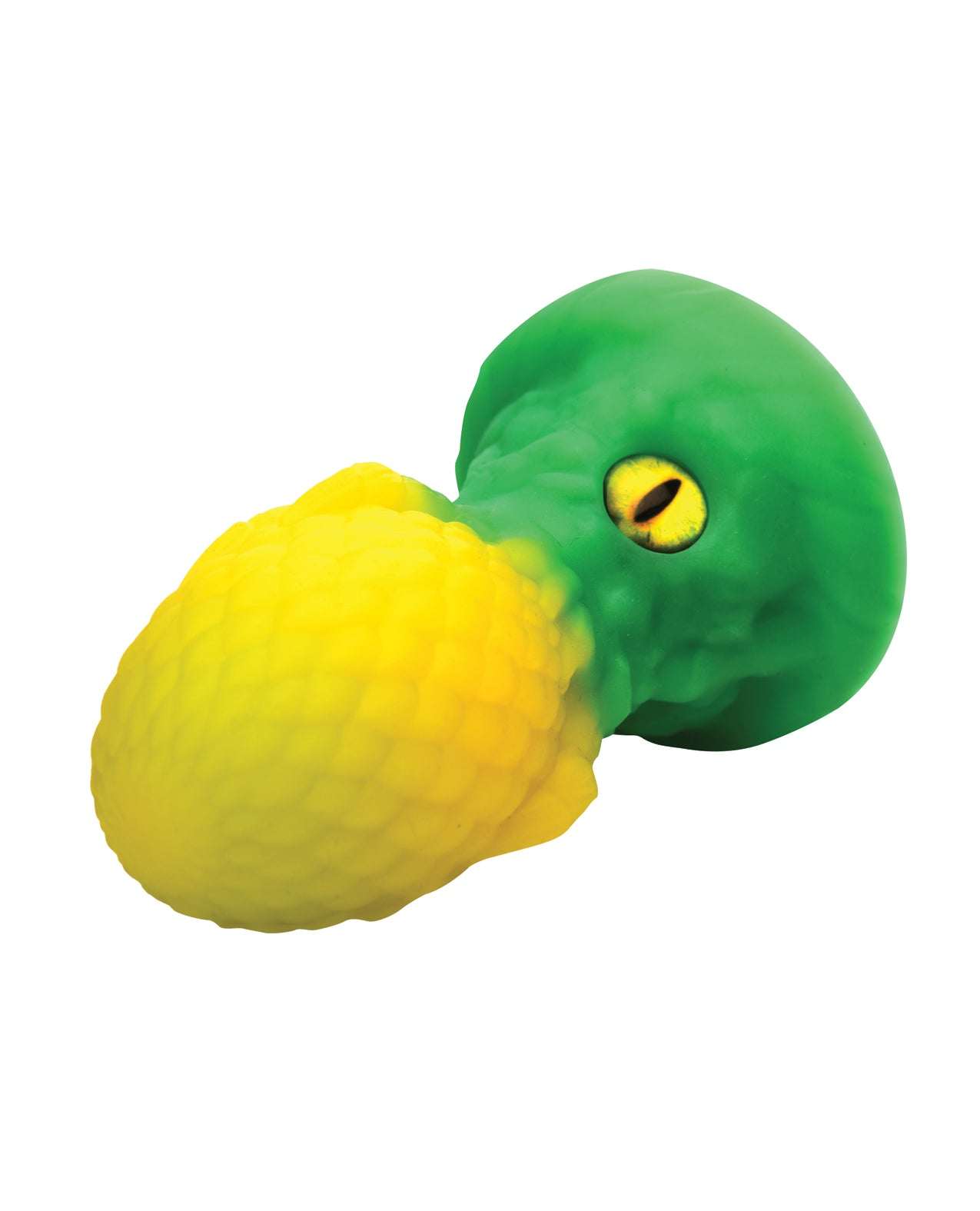 Green and yellow dragon-scale textured silicone butt plug with suction cup base from Creature Cocks