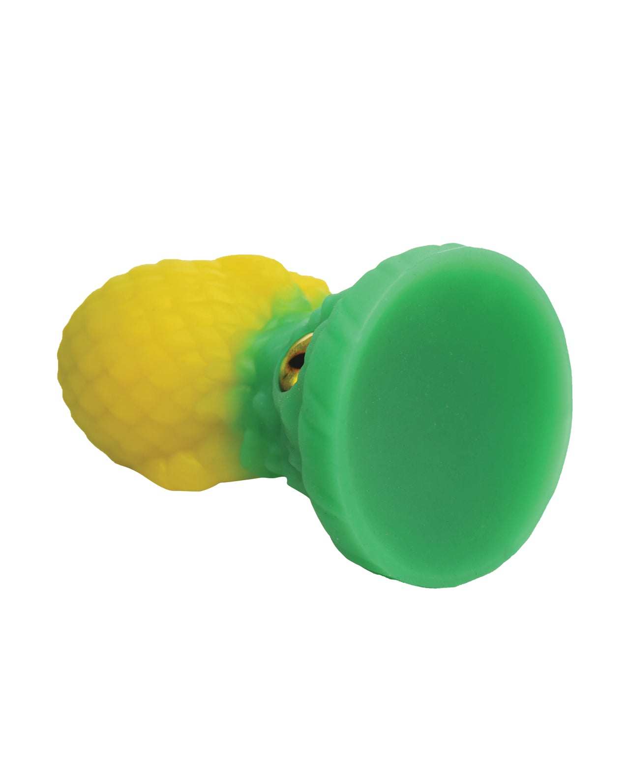 Green and yellow silicone butt plug with dragon scale texture and suction cup base by Creature Cocks